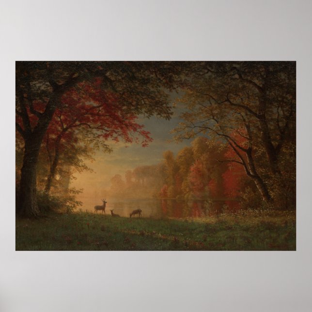 Indian Sunset: Deer by a Lake by Albert Bierstadt Poster (Front)
