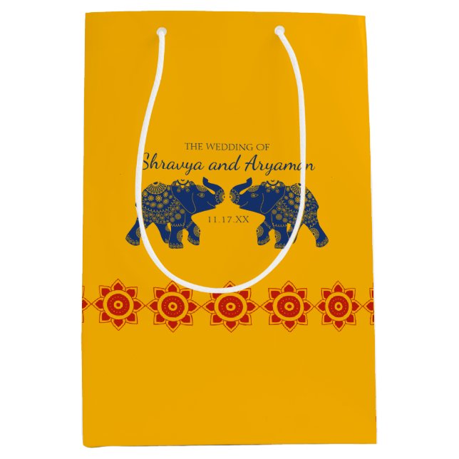 Indian Themed Elephants in Royal Blue Wedding  Medium Gift Bag (Front)