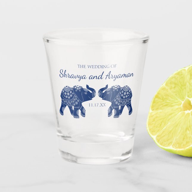 Indian Themed Elephants in Royal Blue Wedding  Shot Glass (Front)