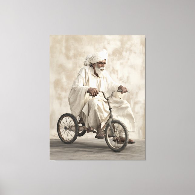Indian Traditional Attire Riding Vintage Tricycle Canvas Print (Front)