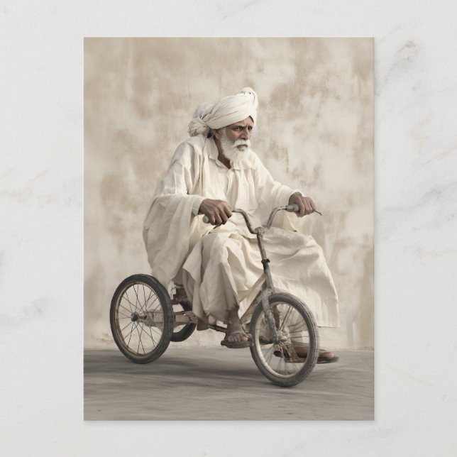 Indian Traditional Attire Riding Vintage Tricycle Postcard (Front)