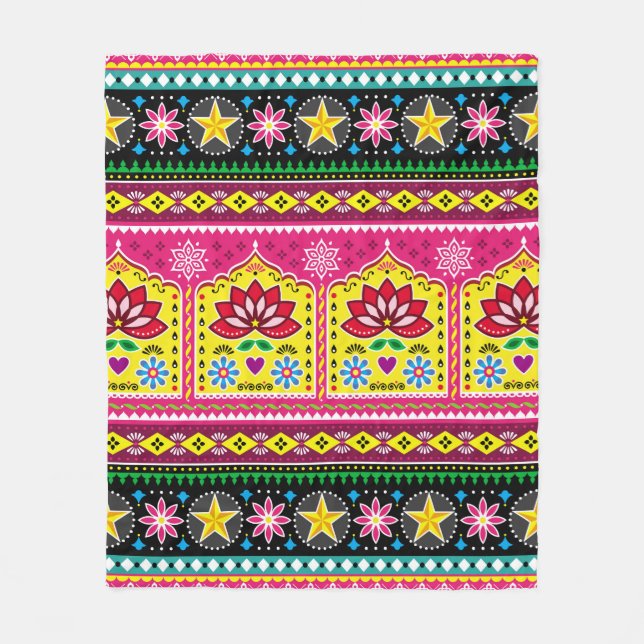 Indian truck art floral seamless folk art pattern, fleece blanket (Front)