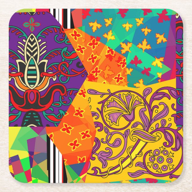 Indian Turkish Festive Patchwork Mandala Square Paper Coaster (Front)
