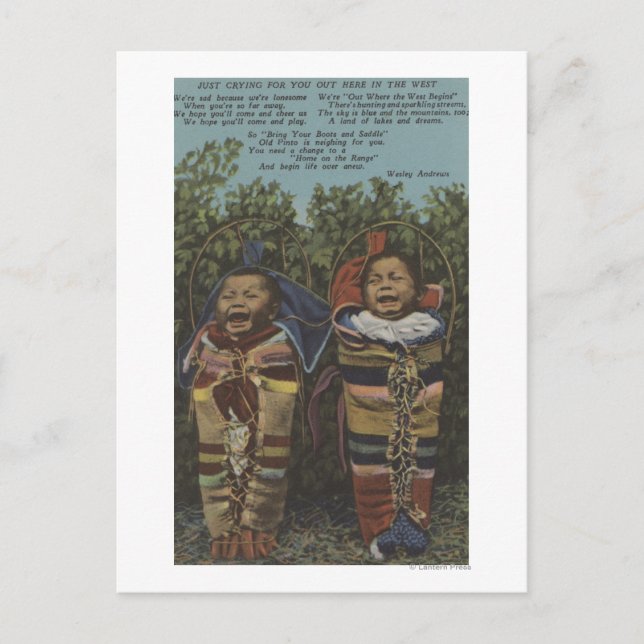 Indian Twins in Papooses & "Just Crying�" Postcard (Front)