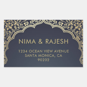 Indian Wedding Address Labels, Blue and Gold Rectangular Sticker