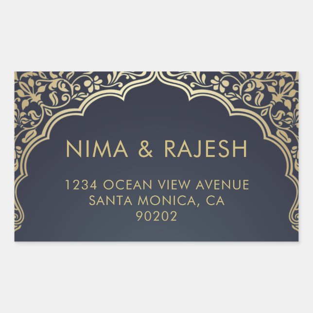Indian Wedding Address Labels, Blue and Gold Rectangular Sticker (Front)