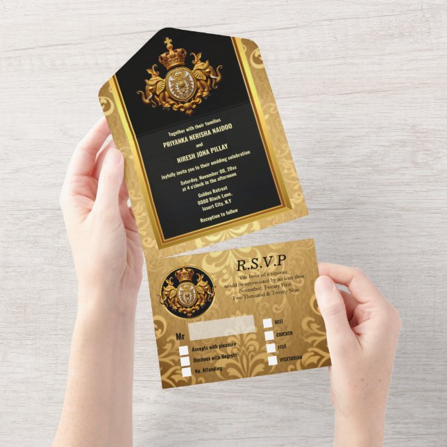 Indian wedding black gold damask elephants luxury all in one invitation (Tearaway)