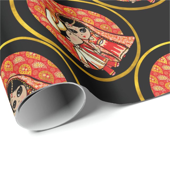 Indian Wedding Cute Bride Groom Cartoon Customised Wrapping Paper (Roll Corner)