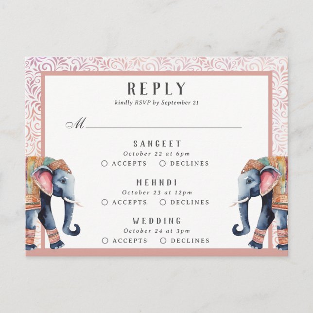 Indian Wedding Elephant Multi Event RSVP Response Postcard (Front)