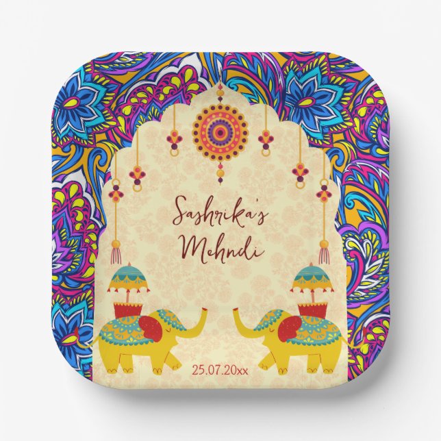 Indian wedding elephants blue pattern personalised paper plate (Front)