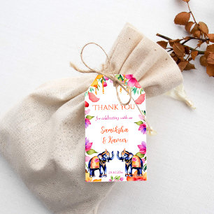 Indian wedding elephants cerise flowers thank you gift tags