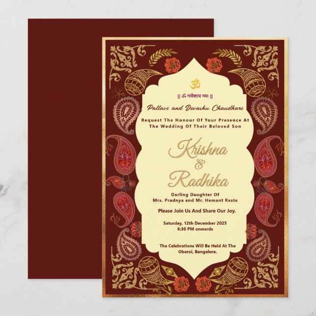 Indian wedding ethnic luxury Hindu invitation (Front/Back)