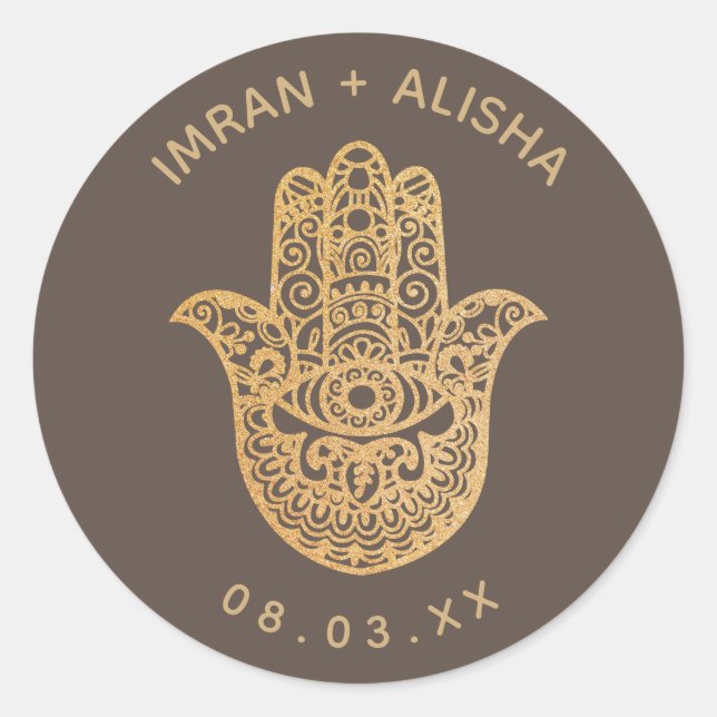 Indian Wedding Gold Brown hamsa Henna Classic Round Sticker (Front)