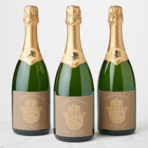 Indian Wedding Gold hamsa Henna Golden Sparkling Wine Label