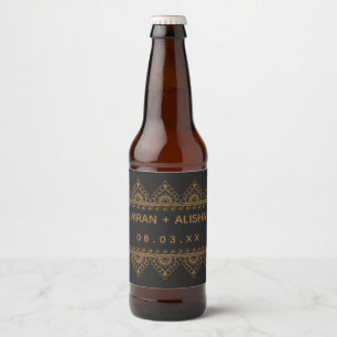 Indian Wedding Gold Henna Paisley Black Beer Bottle Label