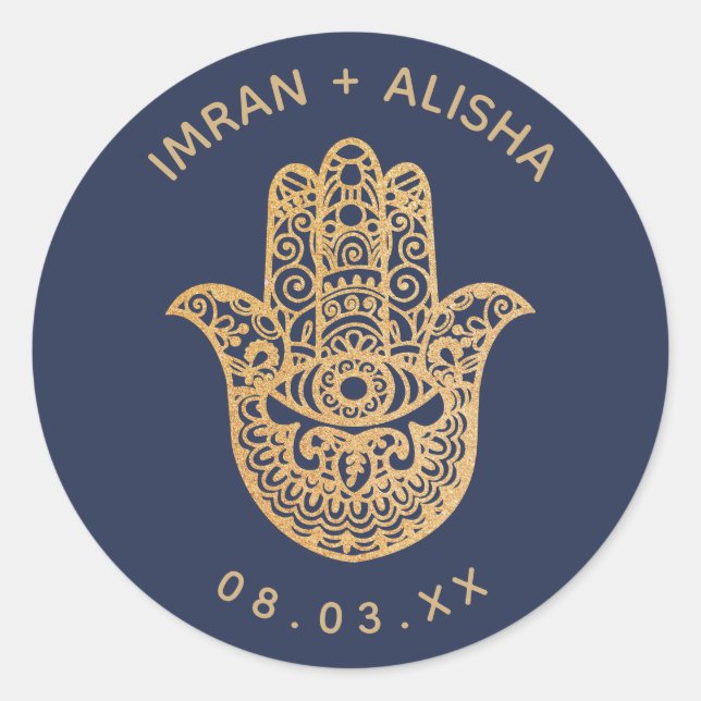 Indian Wedding Gold Navy Blue hamsa Henna Classic Round Sticker (Front)