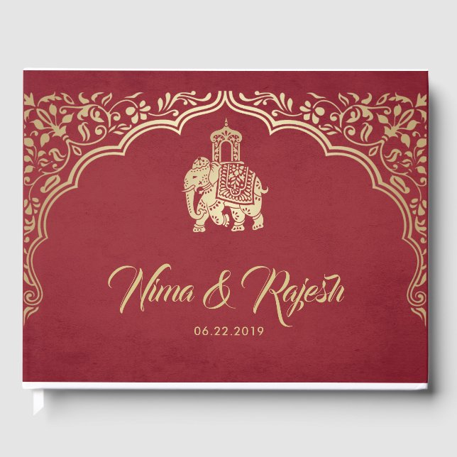 Indian Wedding Guest Book with Ganesha, Red, Gold (Front)