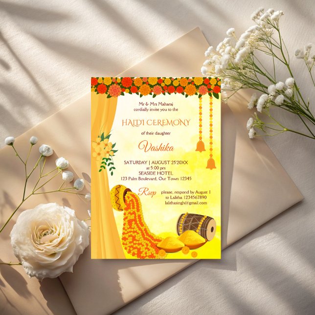 Indian wedding haldi ceremony invitation (Indian wedding haldi ceremony invitation cards template yellow marigolds haldi invitations)