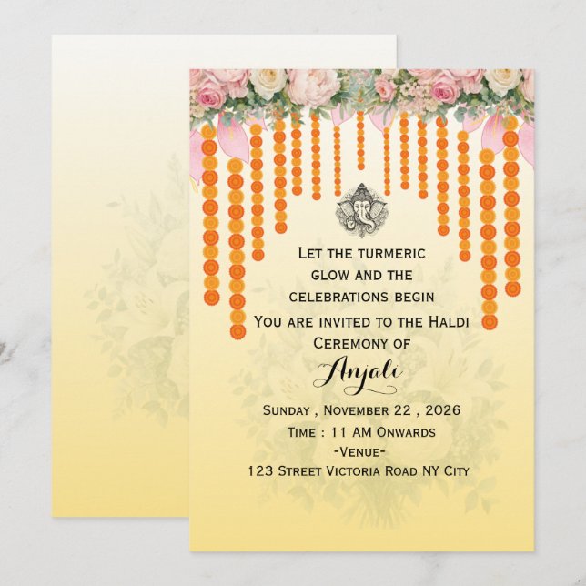 Indian Wedding Haldi Ceremony Invitation Card (Front/Back)