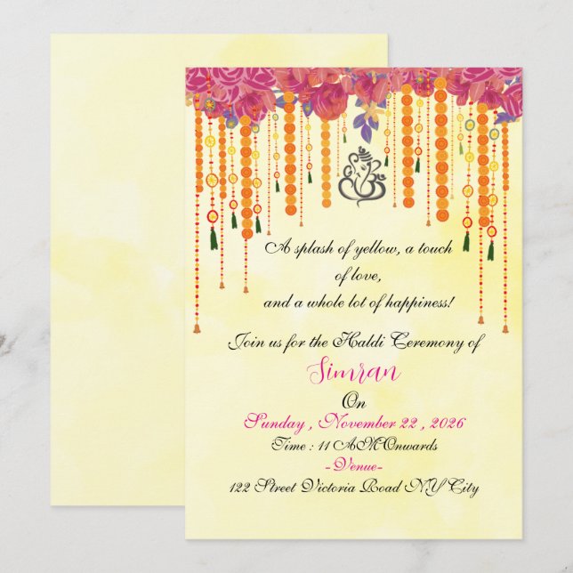 Indian Wedding Haldi Ceremony Invite Template (Front/Back)