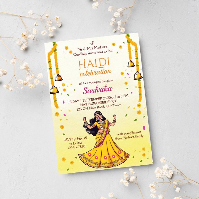 Indian wedding Haldi pithi bride cartoon Invitation (Haldi Indian wedding template invitation digital download dancing Indian bride cartoon marigolds)