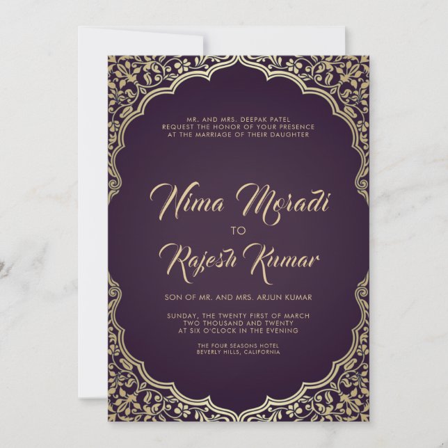 Indian Wedding Invitation, Black, Gold Frame Invitation (Front)