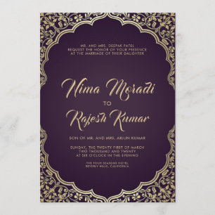 Indian Wedding Invitation, Black, Gold Frame Invitation