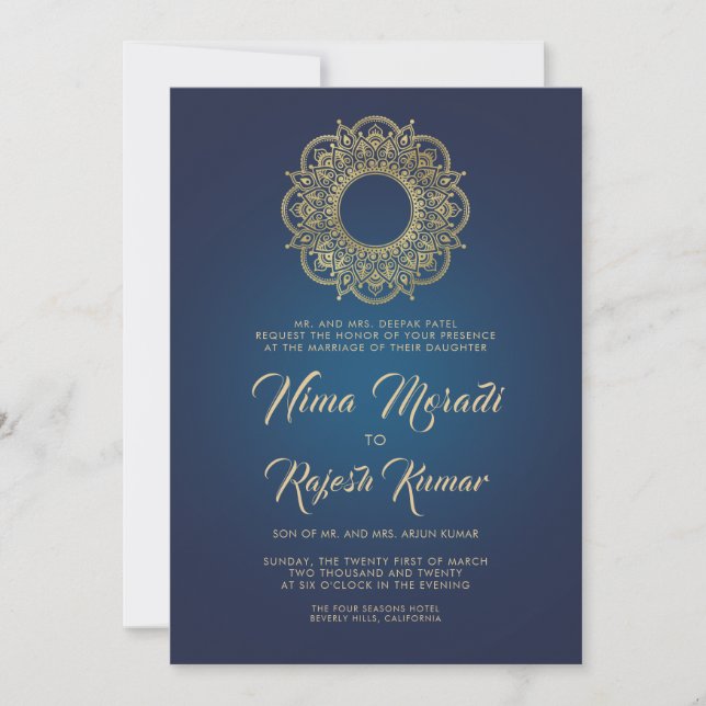 Indian Wedding Invitation, Blue, Gold, Mandala Invitation (Front)