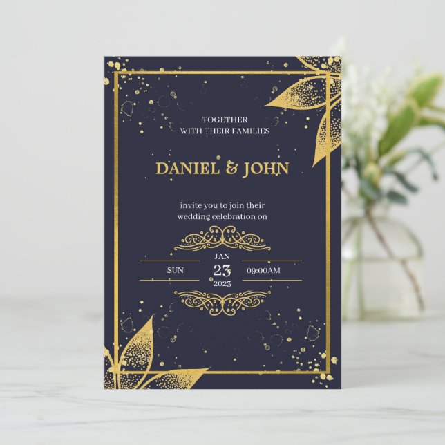 Indian Wedding Invitation: Dark Blue and Gold Invitation (Standing Front)