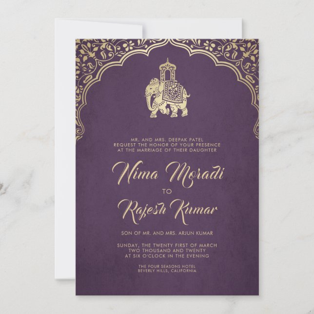 Indian Wedding Invitation, Purple, Gold, Ganesha Invitation (Front)