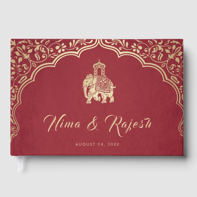 Indian Wedding Invitation, Red, Gold, Ganesha Guest Book (Front)