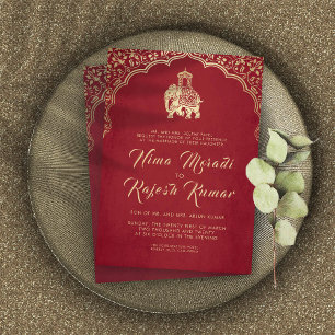 Indian Wedding Invitation, Red, Gold, Ganesha Inv Invitation