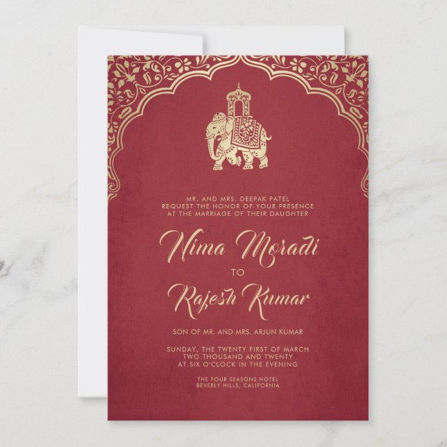 Indian Wedding Invitation, Red, Gold, Ganesha Invitation (Front)
