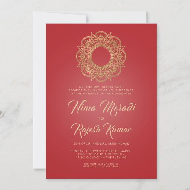 Indian Wedding Invitation, Red Gold, Mandala Invitation (Front)