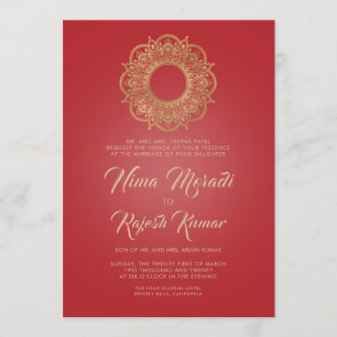 Indian Wedding Invitation, Red Gold, Mandala Invitation