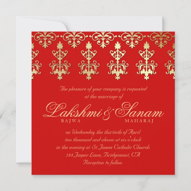 Indian Wedding Invite Damask Gold Autumn Red (Front)