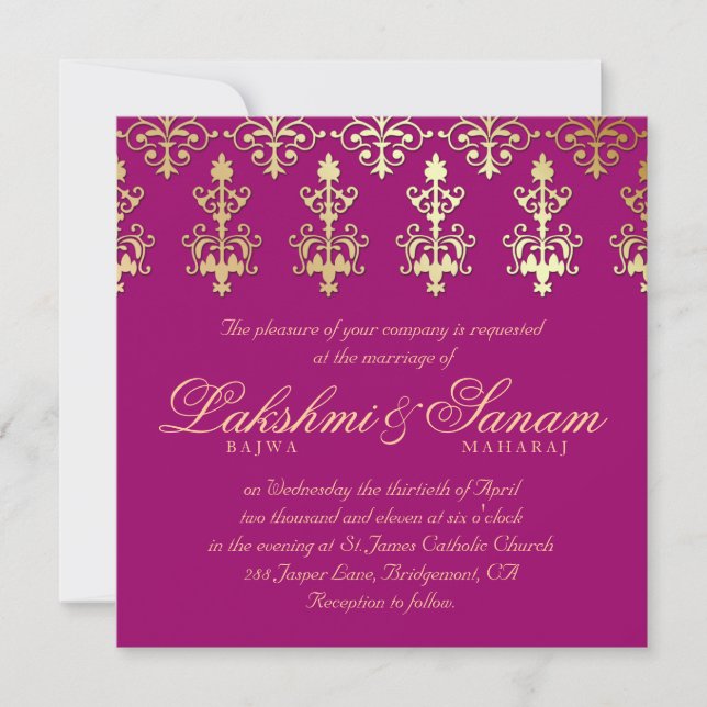Indian Wedding Invite Damask Gold Autumn Wine 2 (Front)