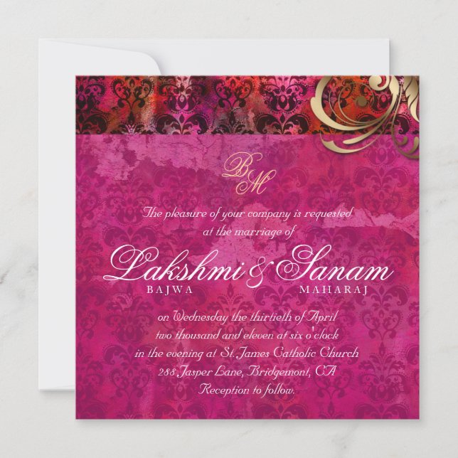Indian Wedding Invite Damask Gold Pink Red (Front)