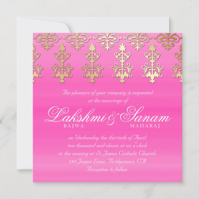 Indian Wedding Invite Damask Gold Pink White (Front)