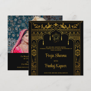 Indian Wedding Mandap Ganesha Gold Script Photo Invitation