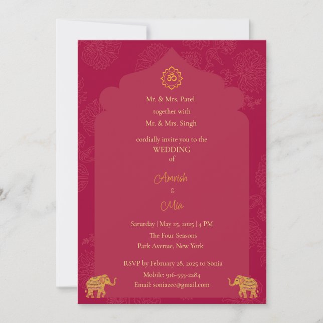 Indian wedding maroon and gold invitation (Front)