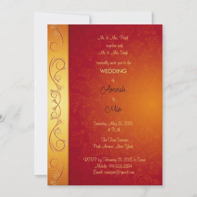 Indian wedding maroon and gold invitation (Front)
