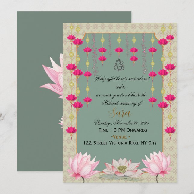  Indian Wedding Mehendi Ceremony Invitation  (Front/Back)