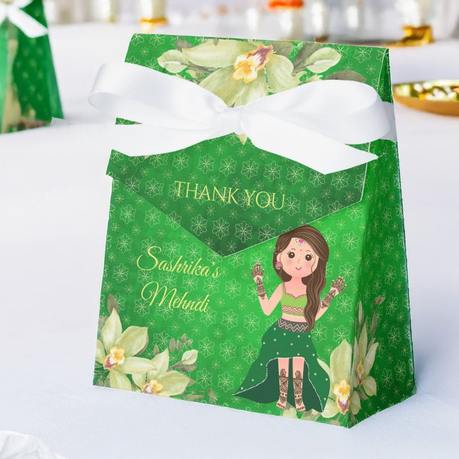Indian wedding Mehndi green cartoon favor Favour Box (Indian wedding Mehndi favors green cute cartoon girl personalized favor gift  Boxes)