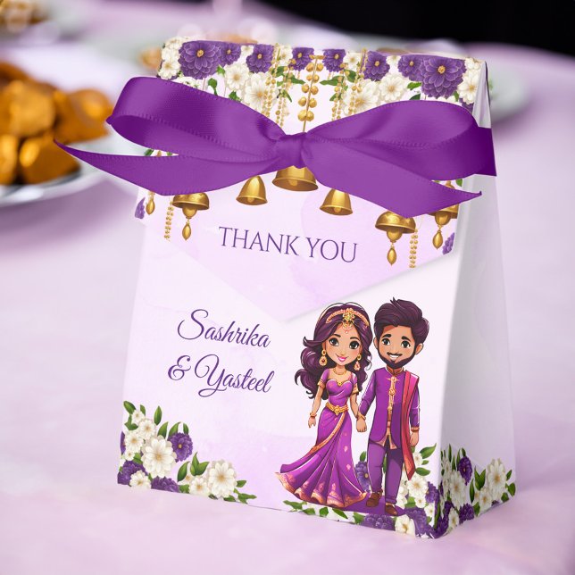 Indian wedding Mehndi purple cute bridal couple  Favour Box (Indian wedding Mehndi Sangeet favors purple flowers cute bridal couple caricature printed Favor Box)