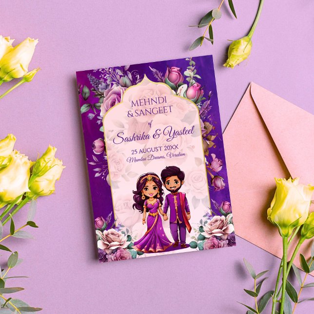 Indian wedding Mehndi purple cute bridal couple  Invitation (Indian wedding Mehndi Sangeet purple cute bridal couple caricature Invitation template download)
