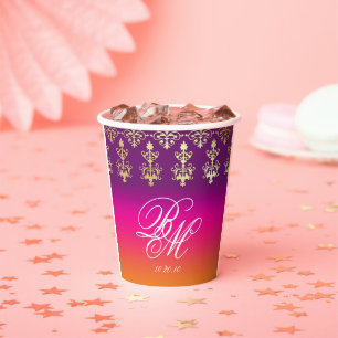Indian Wedding Monogram Damask Pink Purple Orange Paper Cups