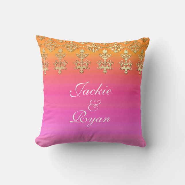 Indian Wedding Monogram Pink Gold Cushion (Front)