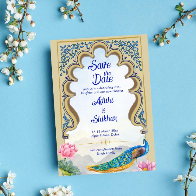 Indian wedding peacock Rajastan window blue Invitation (Indian wedding save the date Rajastan blue window with peacock and lotus template invitation instant)