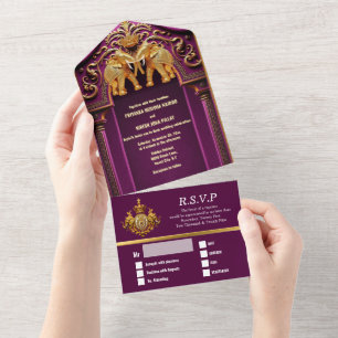 Indian wedding plum gold elephants luxurious asian all in one invitation